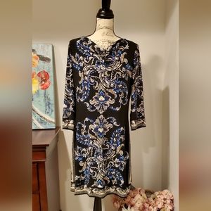 White House Black Market Women's 3/4 Sleeve,  Black, Floral Print Dress Size L.